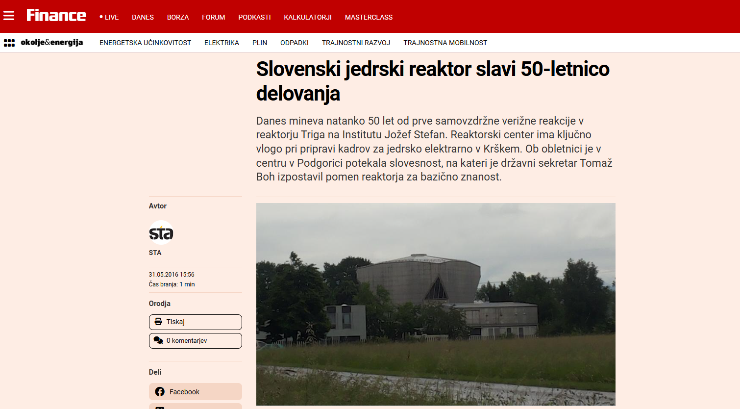 Slovenski jedrski reaktor slavi 50-letnico delovanja (Finance) Slovenski jedrski reaktor slavi 50-letnico delovanja (Finance)
