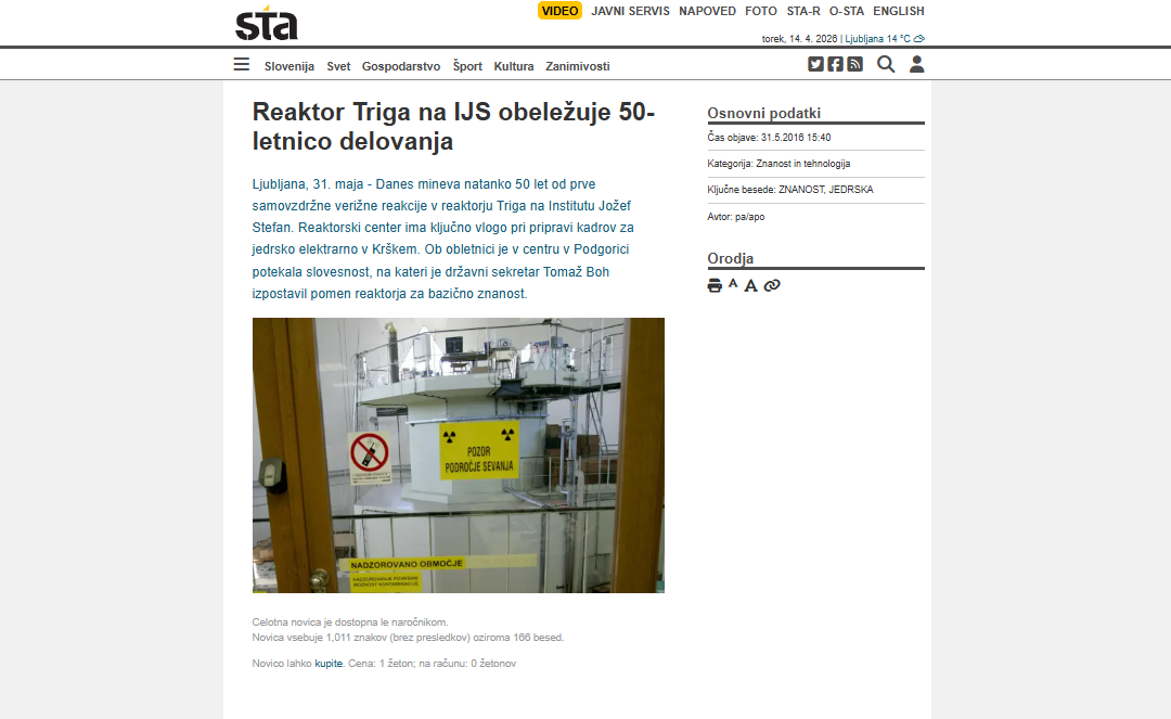 Reaktor TRIGA obeležuje 50-letnico delovanja (STA)