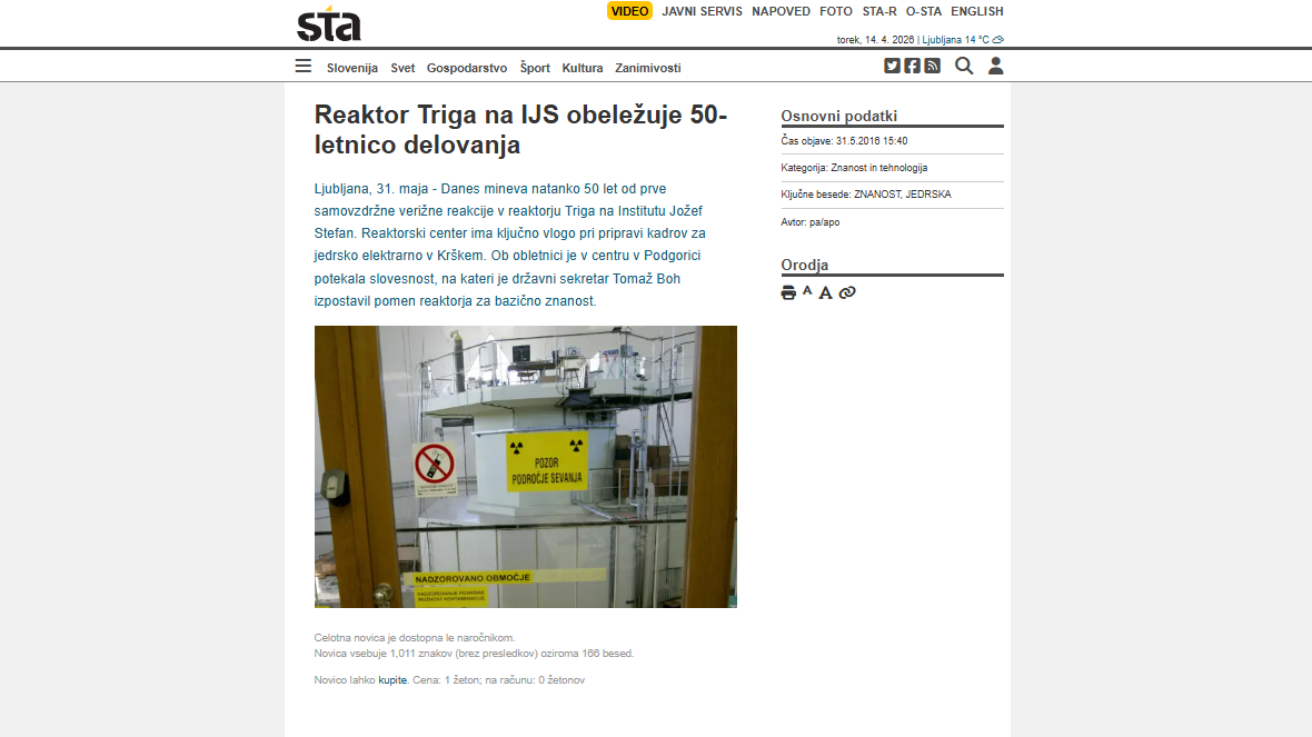 TRIGA Reactor Marks 50 Years of Operation (STA) TRIGA Reactor Marks 50 Years of Operation (STA)